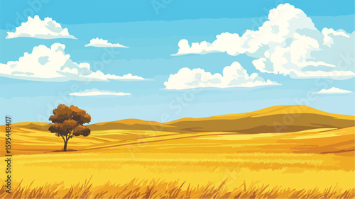 Tranquil Sunny Countryside Landscape with Golden Fields - Peaceful Rural Scenery