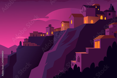 Cliffside village glowing under pink twilight sky