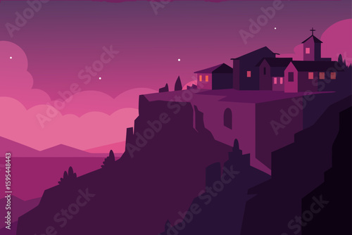 Cliffside village glowing under pink twilight sky