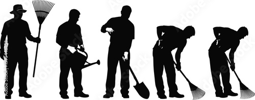 Gardeners working with tools, silhouette illustration, raking, watering, digging, outdoor labor, landscaping, gardening team, yard care, maintenance activity, job scene
