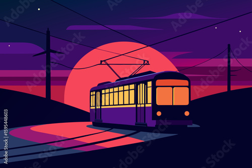 Electric Tram Under Glowing Neon Evening Sky