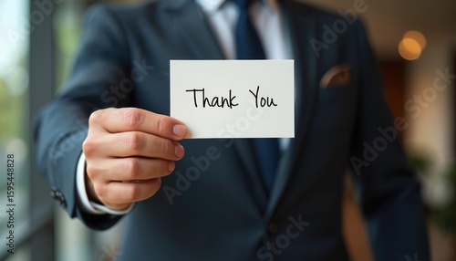 Businessman in suit holds handwritten note saying Thank. Gesture of appreciation, gratitude, courtesy shown. Formal communication via card with written message. Business, corporate, professional