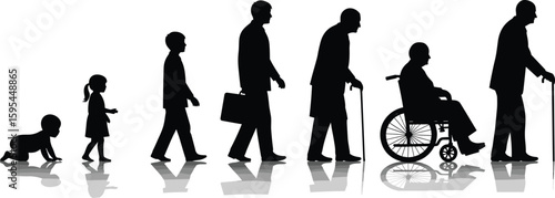 Human life stages silhouette, baby to elderly figure, aging process, generational development timeline, family growth, healthcare, vector illustration, concept