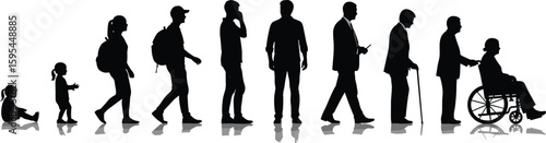 Human life stages silhouette, childhood to old age, development journey, aging process, generational progression, family growth, vector illustration, timeline