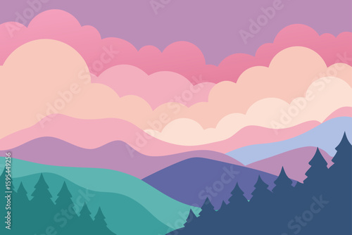 Pastel clouds drifting over forested hills at dusk