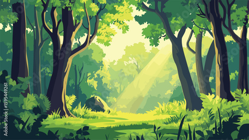 Serenity of Lush Green Forest with Sunlit Trees - Nature Escape