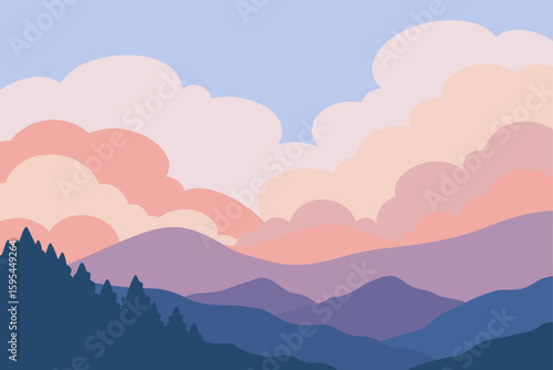 Pastel clouds drifting over forested hills at dusk