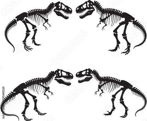 Vector Illustrations of Dinosaur Skeletons in Fighting Poses, Representing Prehistoric Life, Fossils, and Ancient Creatures – Ideal for Science, Education, and Museum Concepts