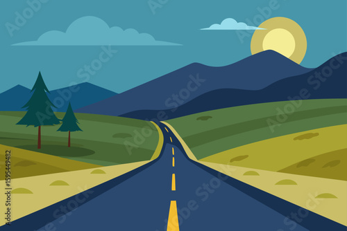 Quiet countryside road with soft light and distant hills