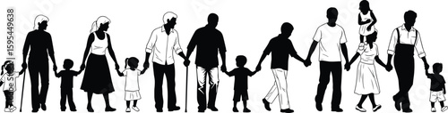 Silhouette of diverse family generations holding hands, unity illustration, multigenerational bond, heritage concept, love, community, support, vector design
