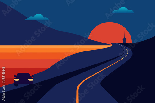 Rolling Coastal Road At Sunset With Car Lights