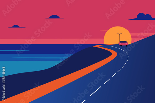 Rolling Coastal Road At Sunset With Car Lights