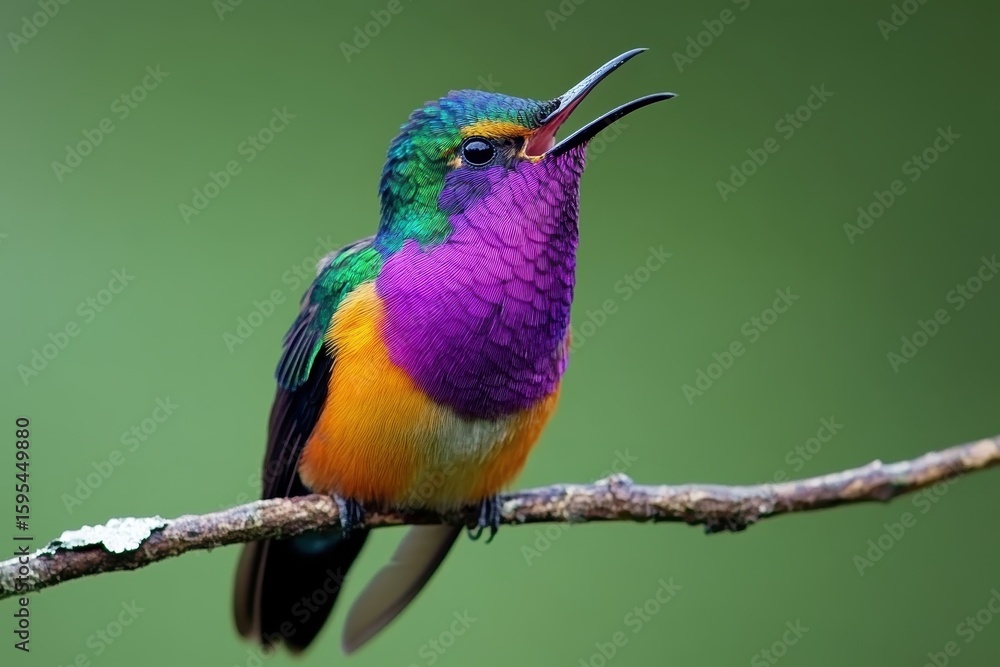 Obraz premium Colorful wild bird sings joyfully on a branch in a lush green environment, wild colorful bird sings sitting on a branch