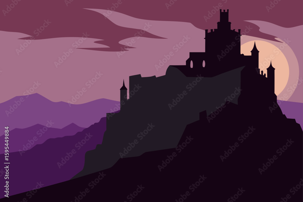 Fototapeta premium Silhouetted Castle Ruins On Cliff During Dusk