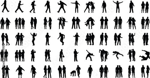 Silhouette of diverse people posing, walking, dancing, interacting, social communication, body language, gesture art, stylish vector illustration, dynamic