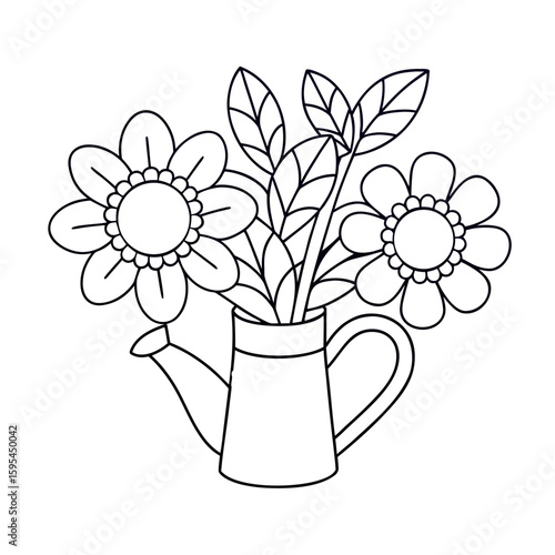 Bouquet of Wildflowers in a Watering Can with Blooming Flowers Coloring Page