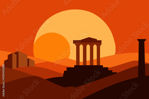 Sunset Behind Ancient Ruins In Desert Landscape