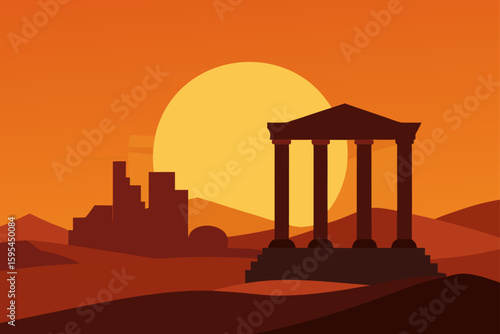 Sunset Behind Ancient Ruins In Desert Landscape