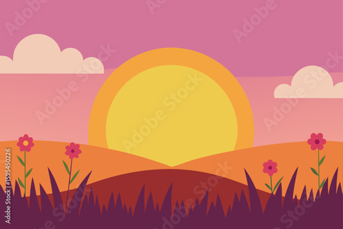 Sunset haze over wildflower meadow