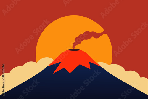 Sunset Over Volcanic Mountain With Smoke Trail