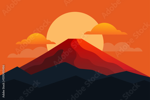 Sunset Over Volcanic Mountain With Smoke Trail