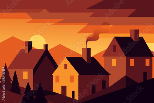 Warm Glow Over Village Rooftops At Golden Hour