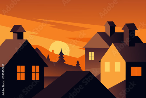 Warm Glow Over Village Rooftops At Golden Hour