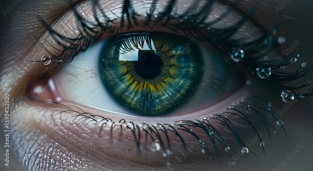 Obraz premium Close Up Green Blue Eye with Water Droplets in Natural Light for Medical or Beauty Themes