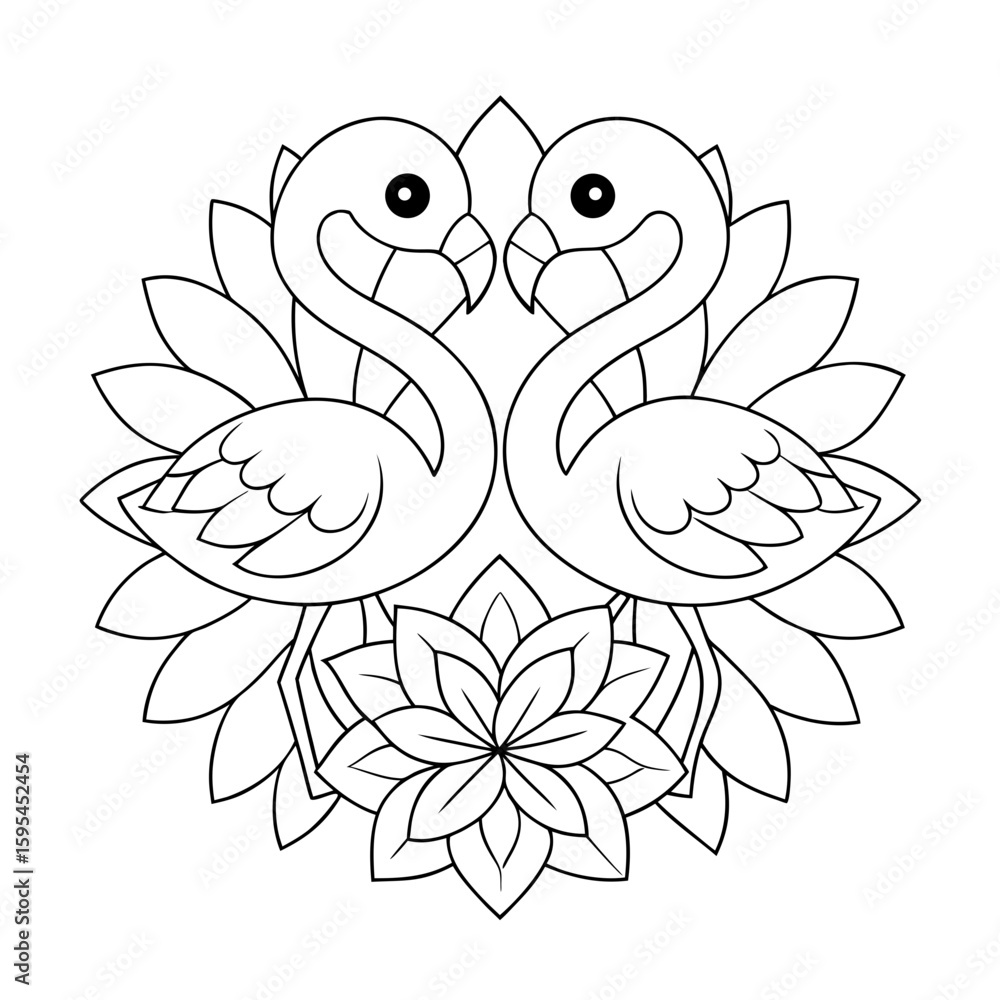 Fototapeta premium Pair of Flamingos with Patterned Legs Supporting Each Other Coloring Page