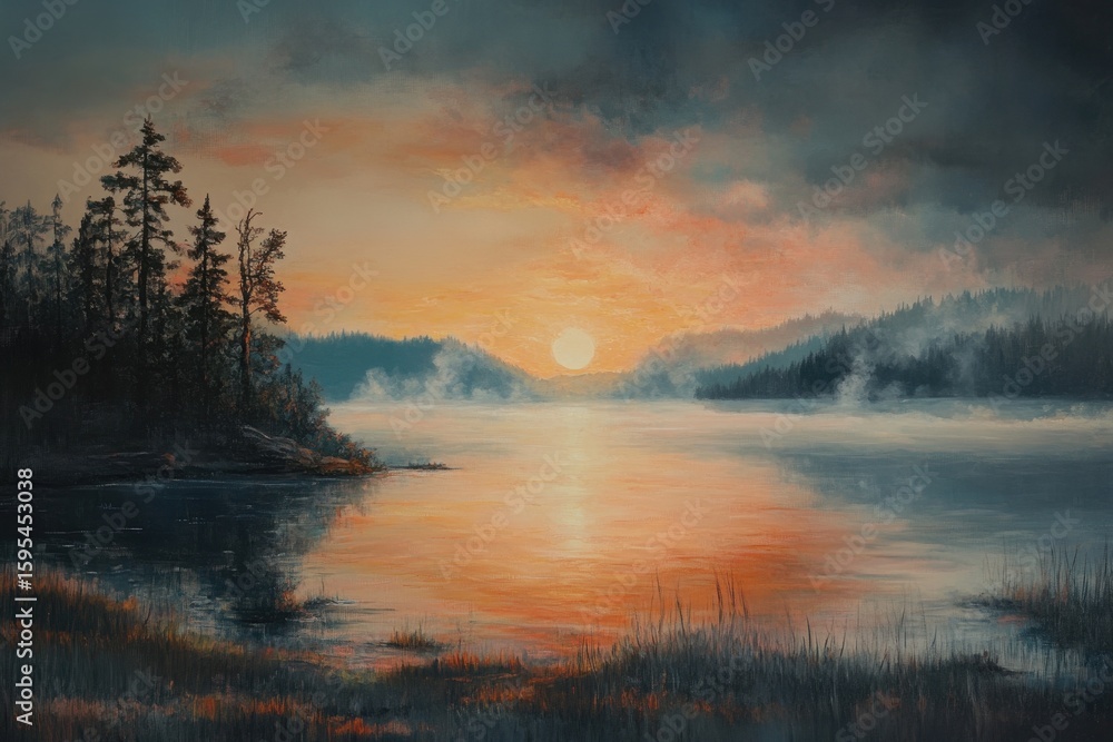 Fototapeta premium Fog blankets the lake at sunrise, creating a serene and peaceful atmosphere over the water, fog at sunrise over the lake