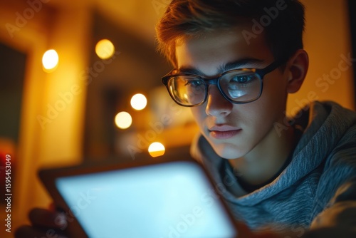 Student engages with digital tablet while studying in a cozy, dimly lit environment after sunset, student looking at the screen with a digital tablet