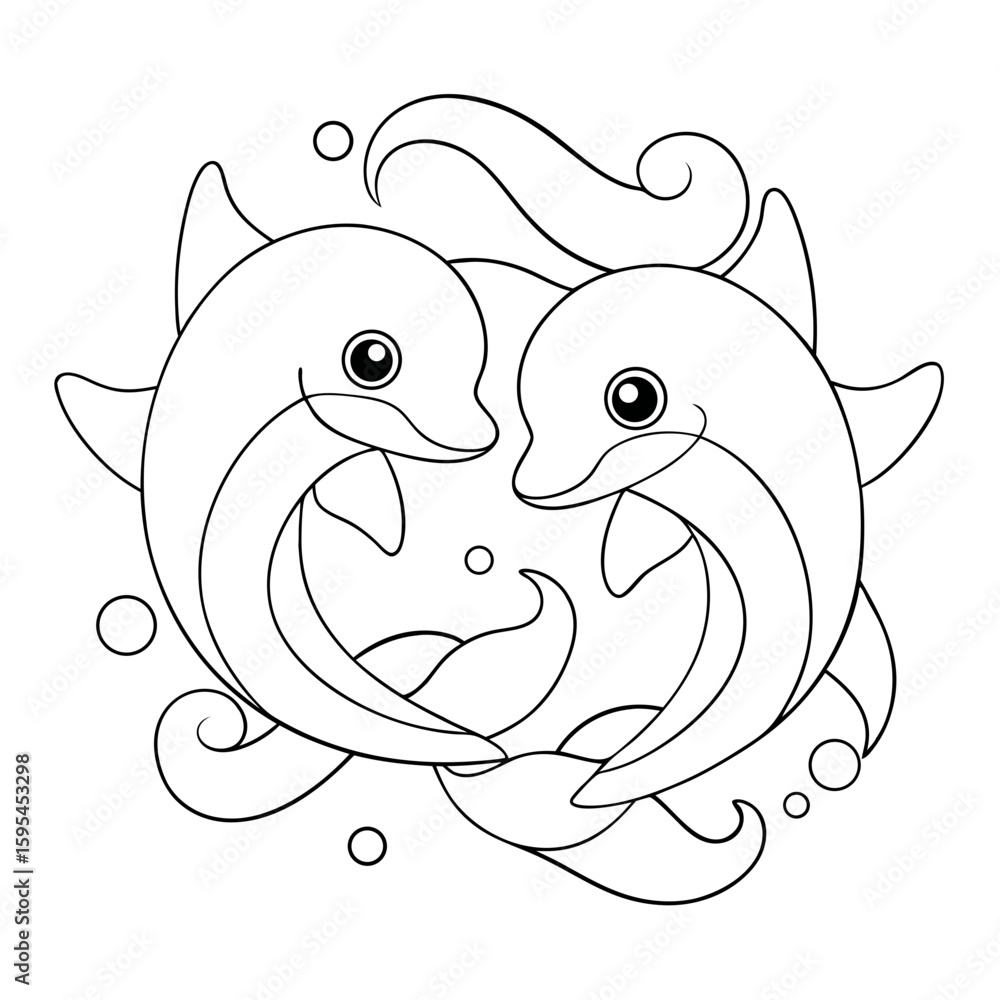 Fototapeta premium Draw a Pair of Dolphins with Tails Touching Surrounded by Shells Coloring Page