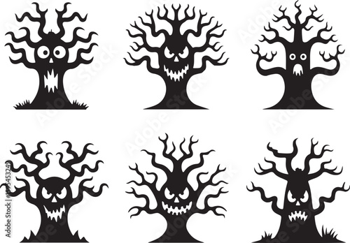 Set of Scary Halloween Haunted Trees with Faces Silhouette on White Background