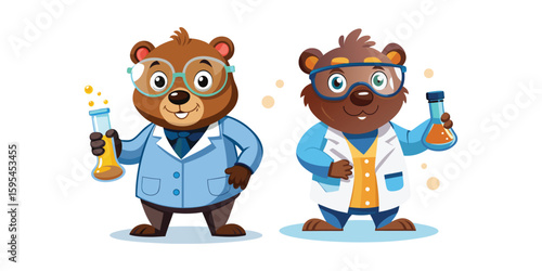 Cute Scientist Bear Wearing Lab Goggles Holding Bubbling Beaker Vector Illustration for Science, Chemistry, Education, Research, and Laboratory-Themed Designs