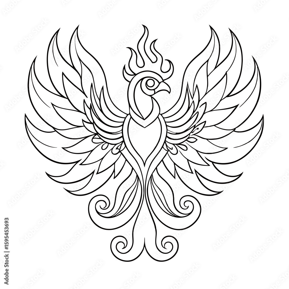 Obraz premium Draw a Stylized Phoenix Rising from Flames with Wing Details Coloring Page