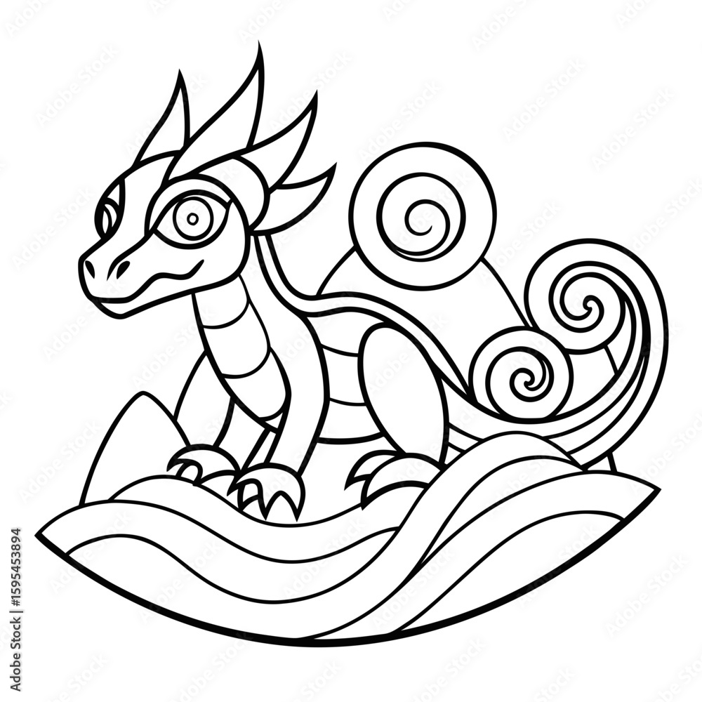 Fototapeta premium Outline a Black and White Outline of a Dragon Perched on a Mountain Coloring Page