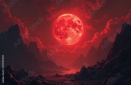 Crimson moon illuminates stark, rocky terrain under dramatic red sky. Jagged mountains, shadowed valleys create ominous, desolate landscape. Eerie atmosphere suggests fantasy, horror, surreal, alien