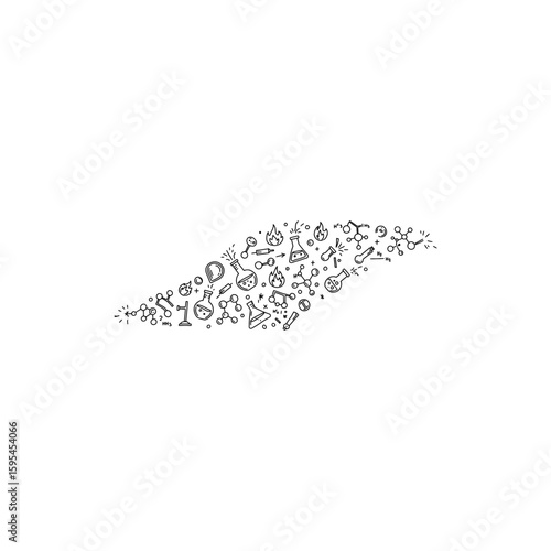  Black line icon of chemistry burst with flasks molecules flames and reaction sparks