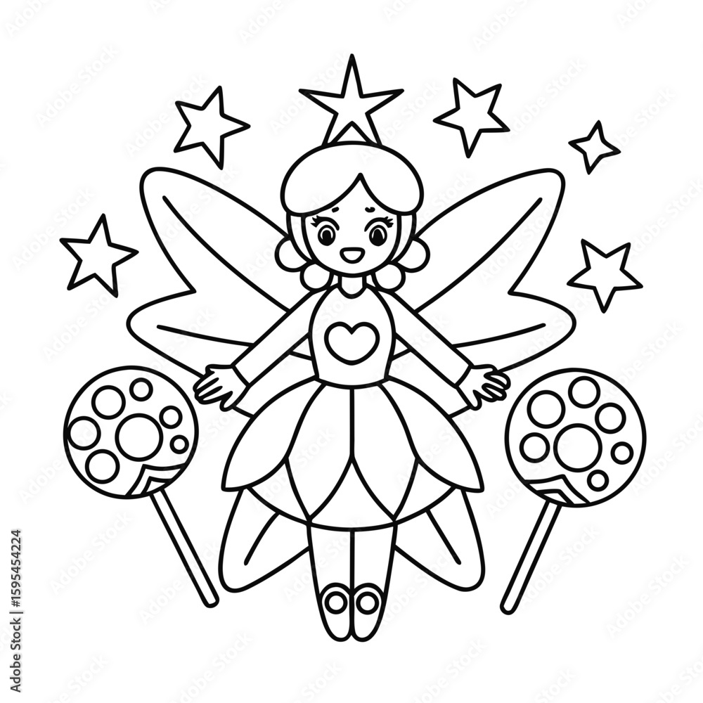 Fototapeta premium Outlined Magical Fairy with a Patterned Wand Surrounded by Sparkles Coloring Page