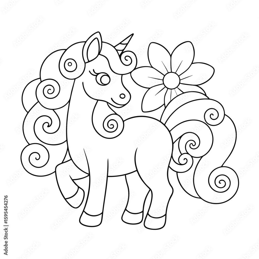 Fototapeta premium Outlined Magical Unicorn Standing in a Field of Flowers Coloring Page