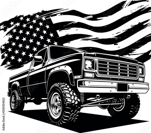 Off-Road Pickup Truck with American Flag - Black and White Illustration.