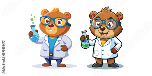 Cute Scientist Bear Wearing Lab Goggles Holding Bubbling Beaker Vector Illustration for Science, Chemistry, Education, Research, and Laboratory-Themed Designs