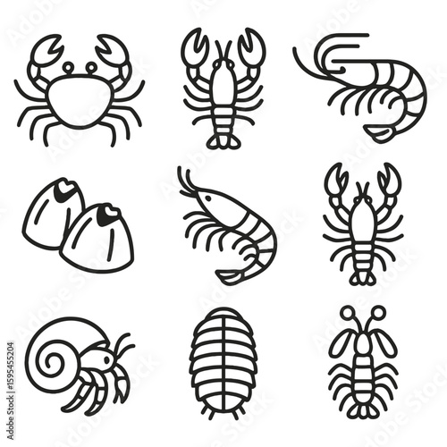 Crustacean Line Icons. Line style icons of Crustacean Creatures: crab, lobster, shrimp, barnacle, krill, crayfish, hermit crab,