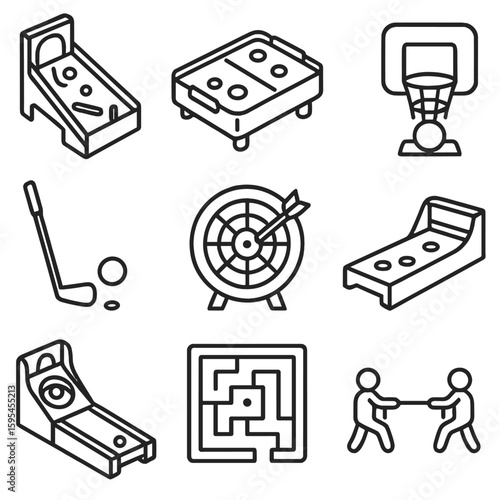 Mini Desk Games Icons. Line style icons of Miniature Desk Games: tiny pinball, mini air hockey, mini basketball hoop, mini golf