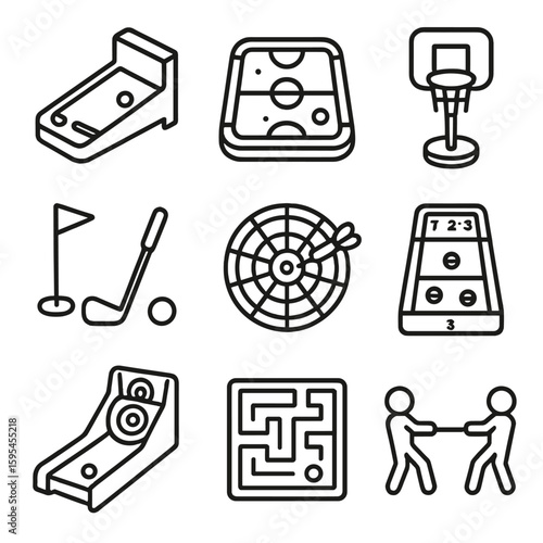 Mini Desk Games Icons. Line style icons of Miniature Desk Games: tiny pinball, mini air hockey, mini basketball hoop, mini golf