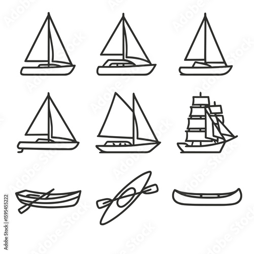 Sailing Vessel Icons. Line style icons of Sailing Vessel Types: sailboat, yacht, dinghy, catamaran, schooner, clipper, rowboat,