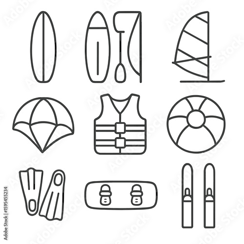 Ocean Sports Icons. Line style icons of Ocean Sports Equipment: surfboard, paddleboard, windsurf sail, kitesurf kite, life jacket,