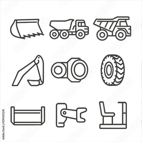 Heavy Loaders Icons. Line style icons of Heavy Loaders and Haulers: wheel loader bucket, articulated dump truck, rigid dump truck,