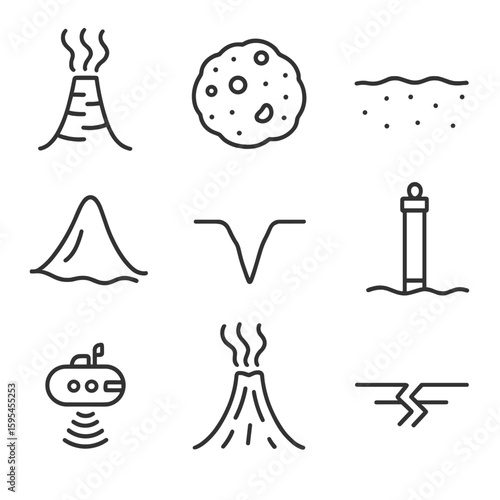 Ocean Floor Icons. Line style icons of Ocean Floor Features: hydrothermal vent, manganese nodule, abyssal plain, seamount, trench,
