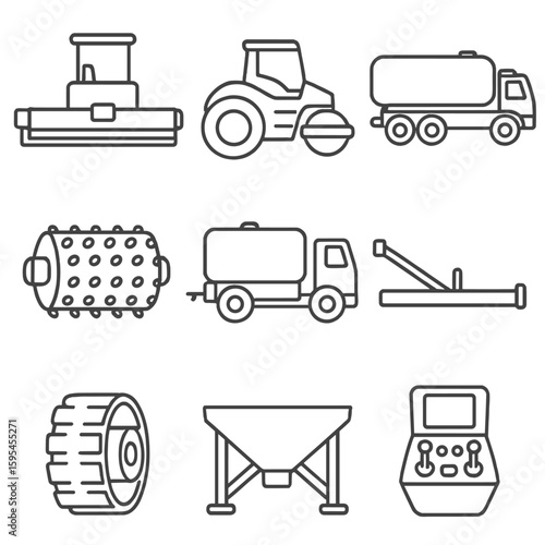 Road Construction Icons. Line style icons of Road Construction Machinery: asphalt paver screed, road roller drum, bitumen tanker,